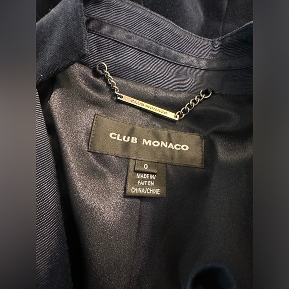 CLUB MONACO Blue Velvet Blazer Jacket Coat Navy Cropped Notch Stand Up Collar - Picture 12 of 14